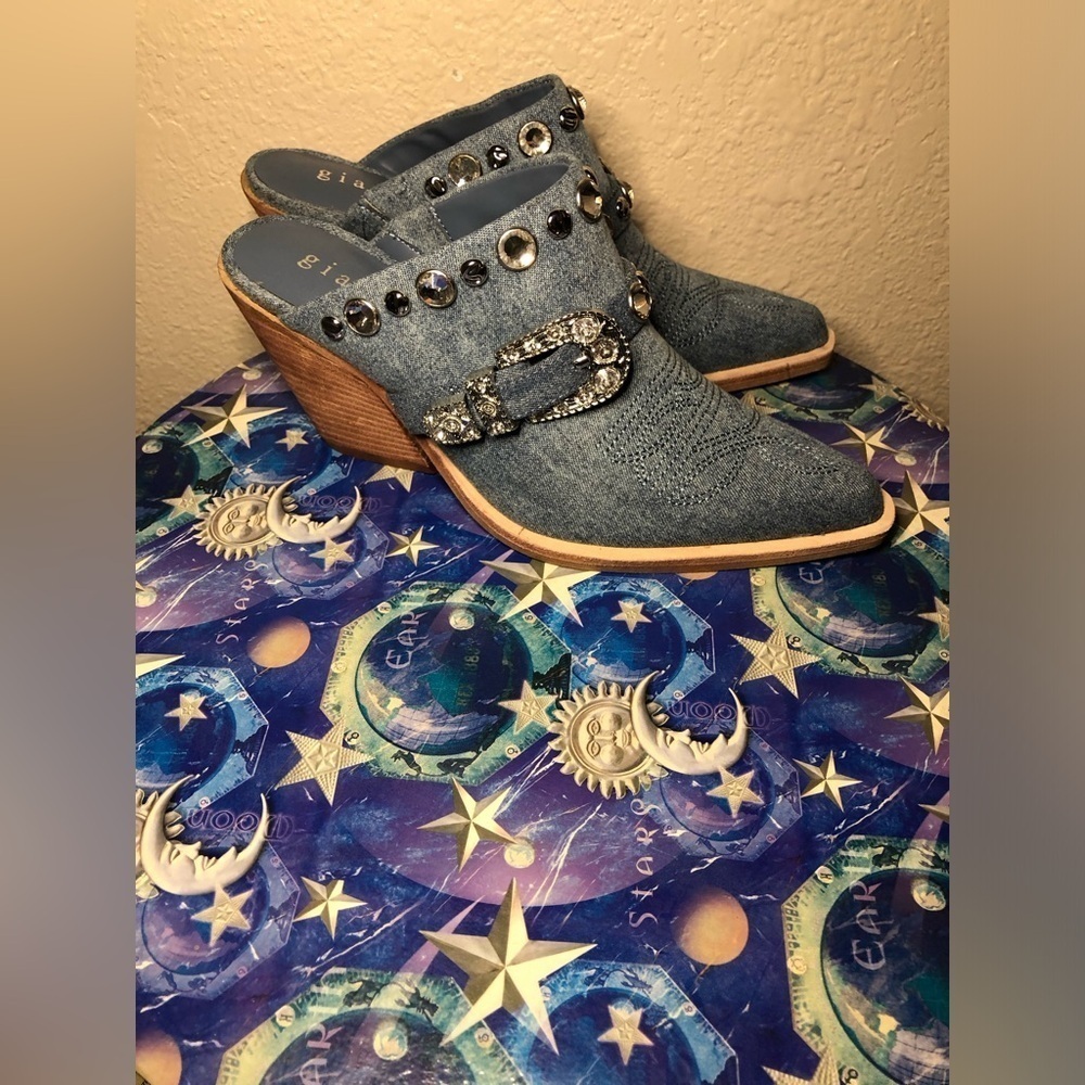 Embellished Denim Wedge Mules size 6.5 - Picture 2 of 15